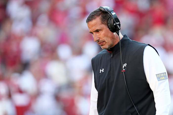 Sep 3, 2022; Fayetteville, Arkansas, USA; Cincinnati Bearcats head coach Luke Fickell during the fourth quarter against the Arkansas Razorbacks at Donald W. Reynolds Razorback Stadium. Arkansas won 31-24. Mandatory Credit: Nelson Chenault-USA TODAY Sports